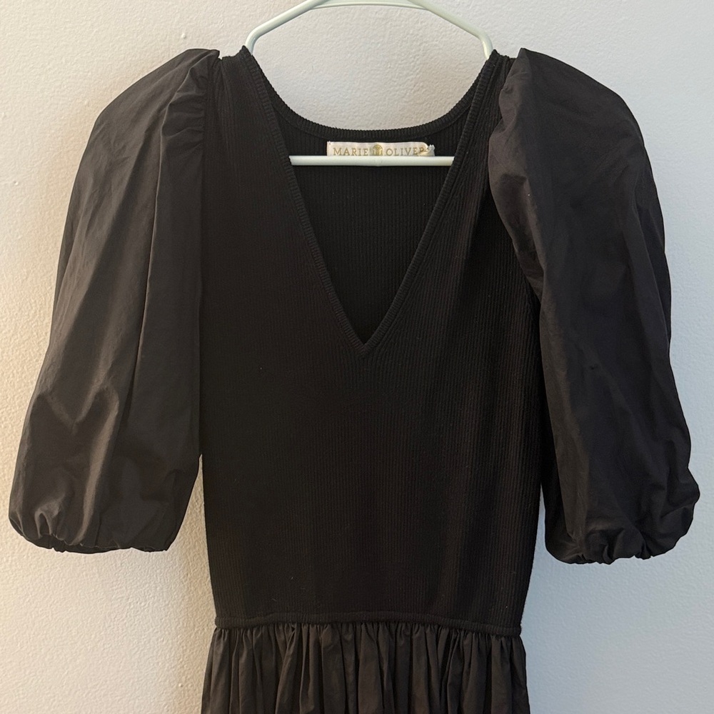 Marie Oliver Rib and cotton Black Puff Sleeve Dress